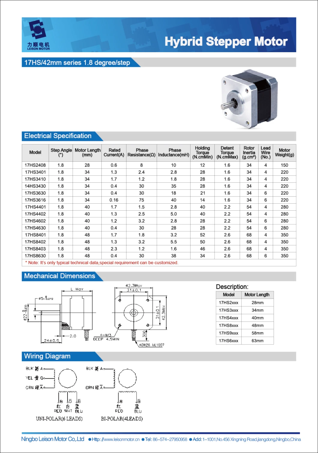 2 Phase 1.8 Degree Hybrid Bipolar NEMA 17 Stepper Motor for 3D Printer and CNC Machine